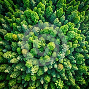 Aerial top view of green trees in forest. Green tree nature background for carbon neutrality and net zero emissions concept. Drone photo