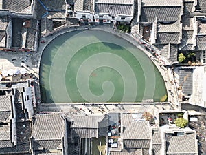 Aerial shot of the Half moon pond in Hong Cun, China.