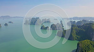 Aerial shot of a Halong Bay national park in Vietnam consisting of thousands of small and big limestone islands. Travel