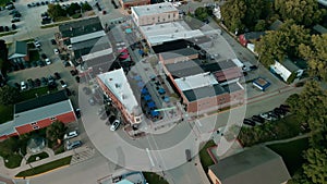 Aerial shot of homes in small town in USA during dramatic light.