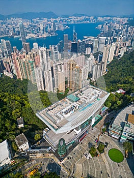 Aerial shot of Hong Kong cityscape with the Peak Tower.