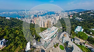 Aerial shot of Hong Kong cityscape with the Peak Tower.