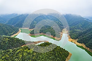 Aerial shot of Huangyuan Reservoir in Shangrao