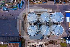 Aerial shot of the huge oil barrels in the factory