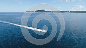 Aerial shot of Jet Ski near the tropical beach Playa Arenillas in Costa Rica in peninsula Papagayo coast in guanacaste