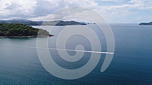 Aerial shot of Jet Ski near the tropical beach Playa Arenillas in Costa Rica in peninsula Papagayo coast in guanacaste