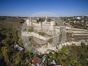 Aerial shot of Kamianets-Podilski castle in Western Ukraine.