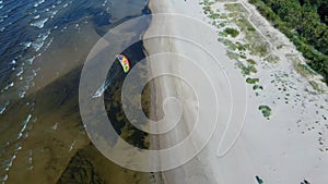 Aerial shot of kiteboarders and kitesurfers of the Baltic Sea Latvia aerial drone top view 4k.