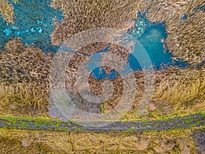 An aerial shot of the landscape with small lake surrounded by trees and field