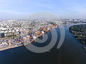 Aerial shot of large bangkok shipping port taken in afternoon