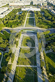 Aerial shot of the large public greenspace Champ de Mars in Paris, France