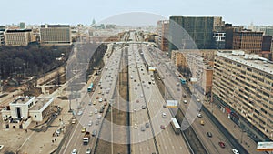 Aerial shot of Leningradsky Prospekt and cityscape of Moscow, Russia