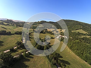 Aerial shot of little village of Collevecchio, Macerata, Italy