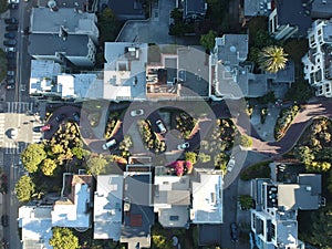 Aerial shot of the Lombard Street famous for its hairpin turns in San Francisco