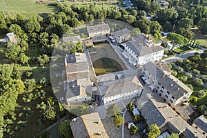 Aerial shot of the lovely village of bagno vignoni in val d`Orcia