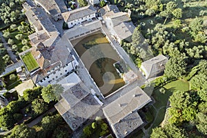 Aerial shot of the lovely village of bagno vignoni in val d`Orcia