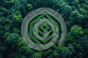 Aerial shot of a lush green maze garden, symbolizing problem-solving or adventure, for games or educational apps advertising