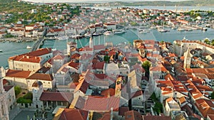 Aerial shot of magnificent Venetian city on the Adriatic Sea - Trogir, Croatia. Morning shot of old town Trogir with