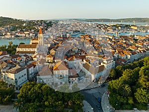 Aerial shot of magnificent Venetian city on the Adriatic Sea - Trogir, Croatia. Morning shot of old town Trogir with