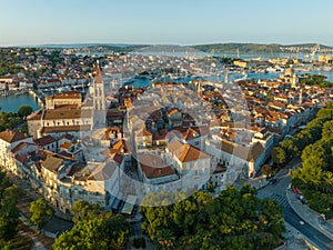 Aerial shot of magnificent Venetian city on the Adriatic Sea - Trogir, Croatia. Morning shot of old town Trogir with