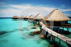 Aerial shot Maldives lavish water villas resort, wooden pier, neural network