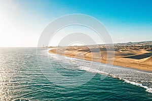 Aerial shot of Maspalomas dunes on Gran Canaria island n
