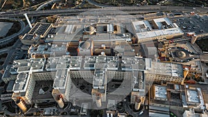Aerial shot of Mater Dei Hospital in Malta surrounded by other buildings