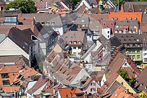 Aerial shot of the medieval buildings in Freiburg im Breisgau, Germany.