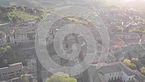 Aerial shot. The medieval city of San Gimignano in Italy. Tuscan small town with a great architecture. sunset frame