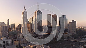 Aerial shot of Melbourne downtown skyscrapers in sunset. Melbourne, Victoria, Australia