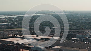 Aerial shot of Mississippi River waterfront and city skyline New Orleans, Louisiana