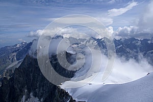 Aerial shot of Mountaineers preparing in the Mont Blanc Massif near Aiguille du Midi