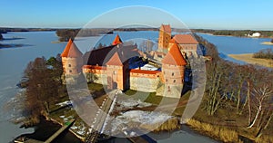 Aerial shot in move of Trakai old castle