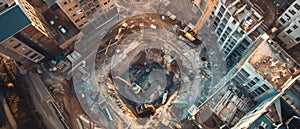 An aerial shot of a newly developed construction site with heavy machinery and construction workers employed. City