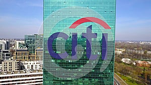 Aerial shot of office skyscraper with Citigroup logo. Modern office building. Editorial 3D rendering