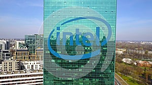 Aerial shot of office skyscraper with Intel Corporation logo. Modern office building. Editorial 3D rendering