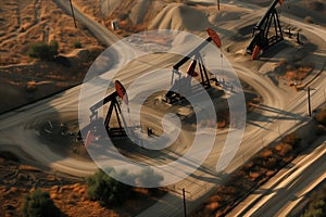 aerial shot of oil pump field with service roads