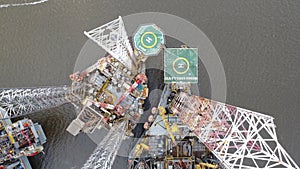 Aerial shot of oil rigs at the Port of Dundee in Scotland