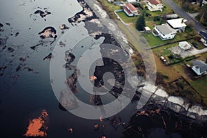 aerial shot of oil spill extent and cleanup zone