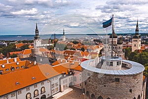 Aerial shot of the old town of Tallinn with orange roofs, churches' spires and the Toompea castle