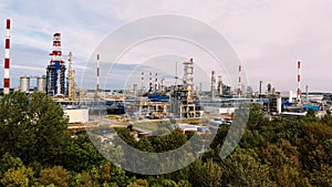 Aerial shot over a pipe infrastructure in an oil refinery in Gdansk, Poland.