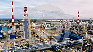 Aerial shot over a pipe infrastructure in an oil refinery in Gdansk, Poland.