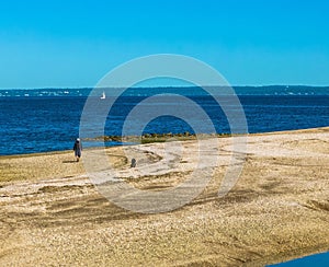 Aerial shot over West Neck Beach on Long Island in the suburb of Lloyd Harbor New York on sunny day