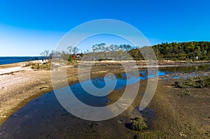 Aerial shot over West Neck Beach on Long Island in the suburb of Lloyd Harbor New York on sunny day