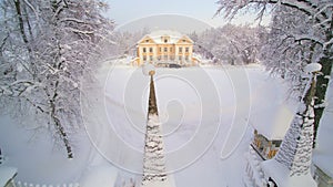 Aerial shot of the Palmse manor in Estonia with snow