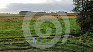 Aerial shot of a person looking at a green field in summer, Tykocin, Poland