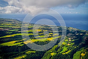 Aerial shot, picturesque nature view of Azores. Portugal