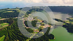 Aerial shot picturesque paradise of Sete Cidades in Azores