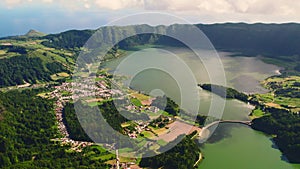 Aerial shot picturesque paradise of Sete Cidades in Azores