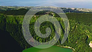 Aerial shot picturesque paradise of Sete Cidades in Azores